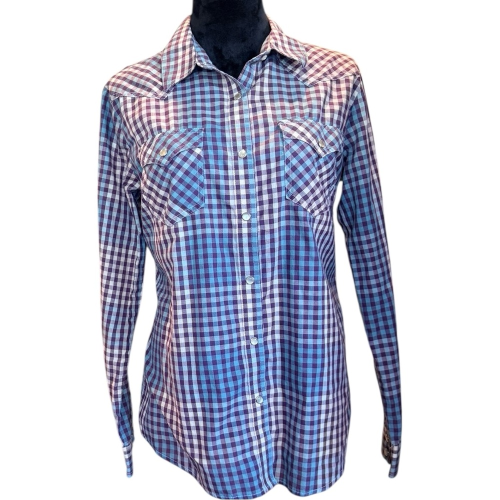 Wrangler Women's Western Blue Purple Plaid Check Shirt Size Large Pearl Snap